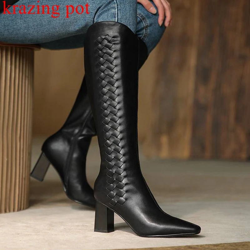 

Krazing Pot full grain leather fashion modern boots thick high heels square toe keep warm winter weaving style knee-high boots