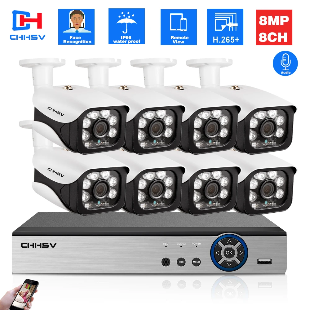 

Комплект видеонаблюдения CHHSV 4K 8CH 8MP CCTV Camera Security System H.265 запись звука Poe Bullet IP Camera NVR Set