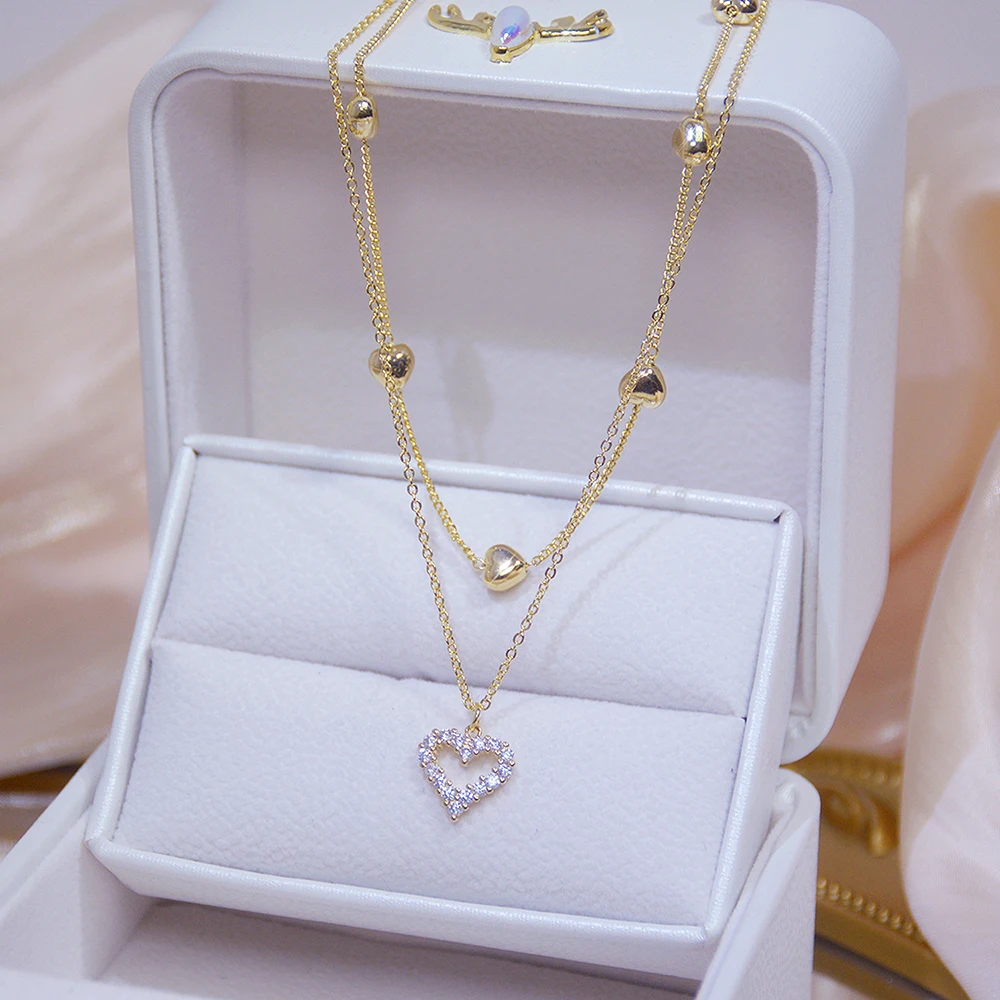 

14k Real Gold Double layer Heart Necklace Shining Bling AAA Zircon Women Clavicle Chain Elegant Charm Wedding Pendant Jewelry