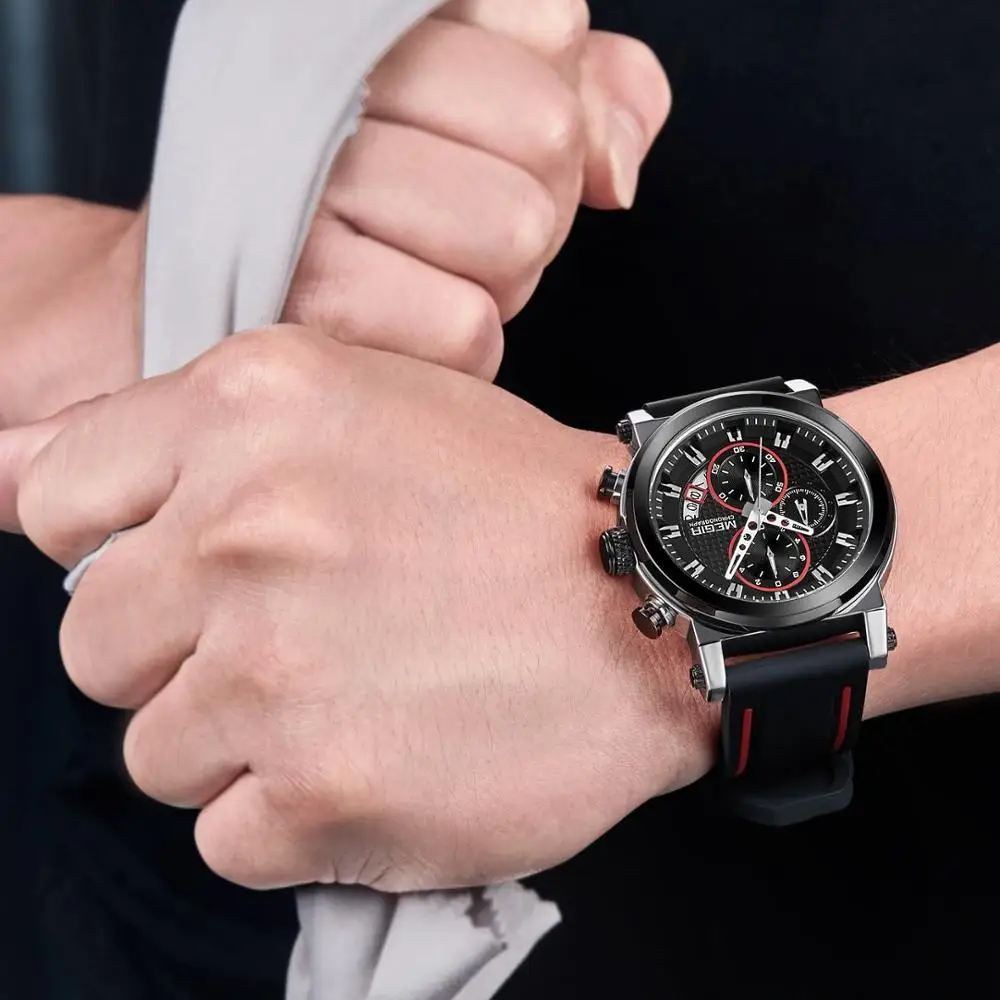 Часы MEGIR Мужские кварцевые с большим циферблатом люксовые Брендовые спортивные