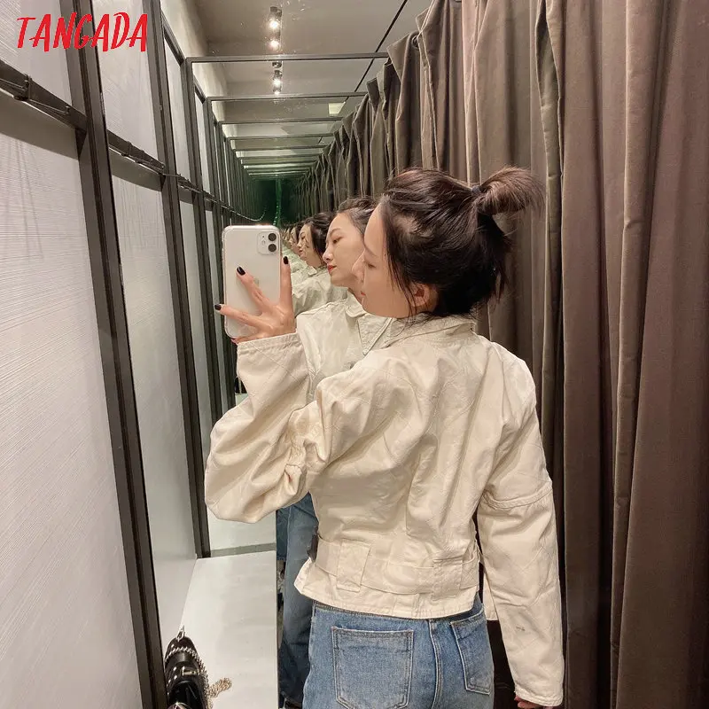 Tangada, Женские однотонные джинсовые куртки с поясом, пуговицами, карманами, длинным рукавом, короткая стильная куртка, женские топы бойфренда 6P18