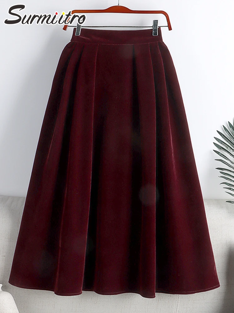 

SURMIITRO 2022 Trend Vintage Velvet Korean Fashion Midi Long Pleated Skirt Women Red Aesthetic High Waist A Line Skirt Female