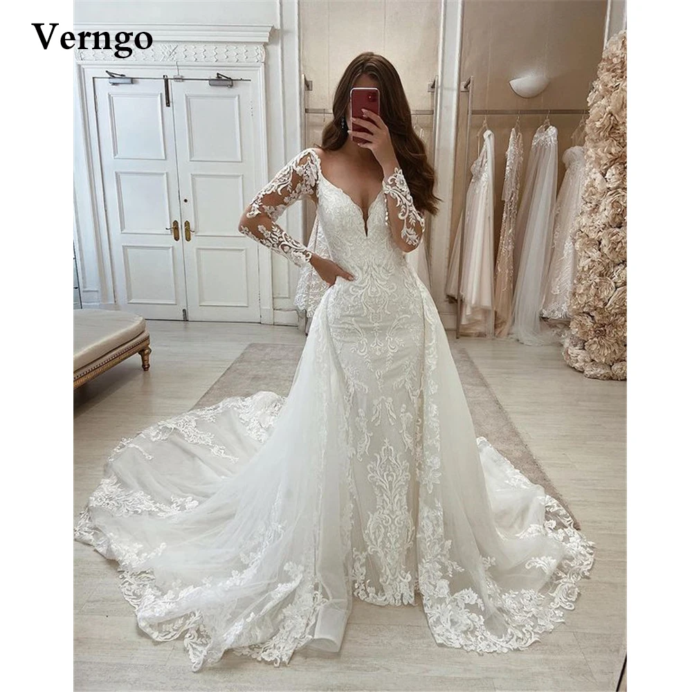 

Verngo Full Lace Applique Mermaid Wedding Dress With Detachable Overskirt Long Sleeves V Neck Bridal Dresses Robe de mariage