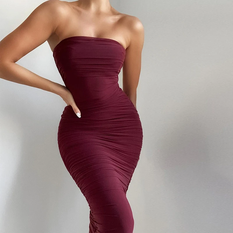

NewAsia Midi Dress Women Ruched Strapless Sleeveless Zipper Solid Color Bodycon Dresses Ladies New Year Party Club Vestidos 2020