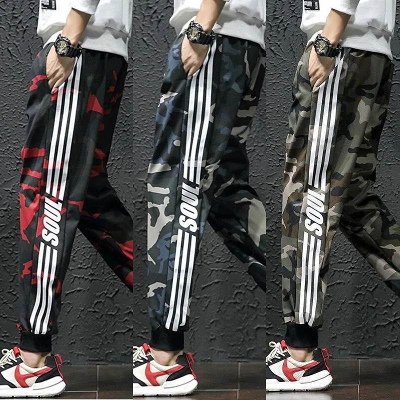 

Мужские спортивные штаны в стиле хип-хоп, спортивные Джоггеры для фитнеса, мужские уличные камуфляжные брюки в полоску сбоку, повседневные ...