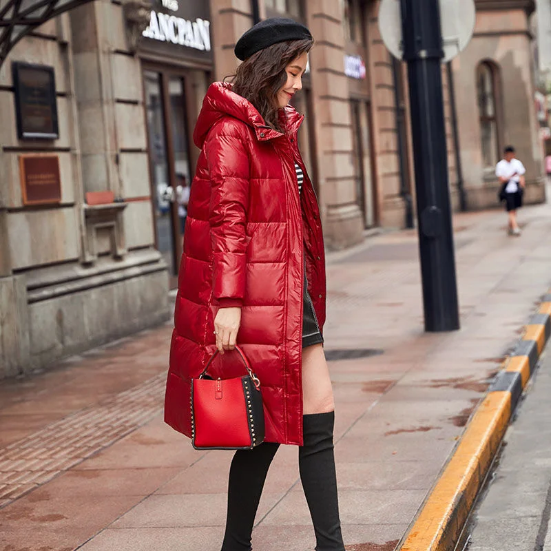 

white duck down versatile down jacket women's medium and long 2021 new slim fit bright face thickened long knee tide