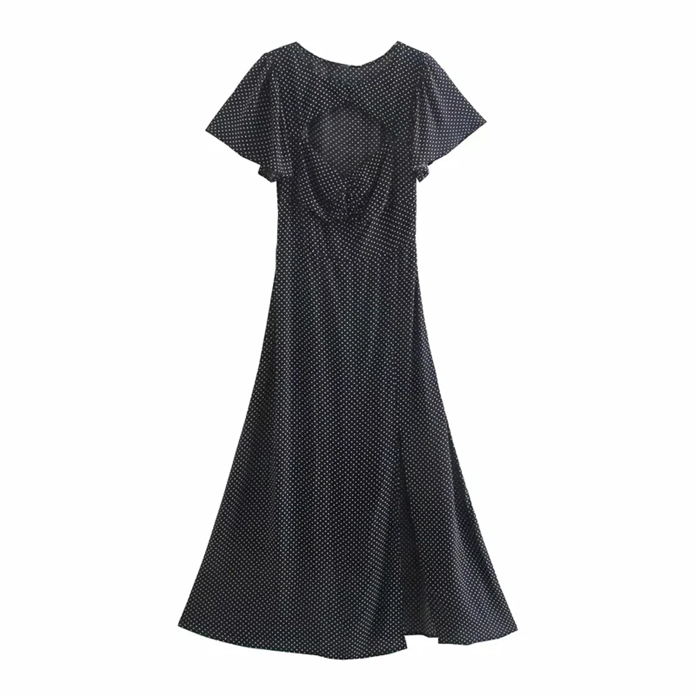 

Женское богемное платье в горошек Za, винтажные ажурные платья миди с разрезом и круглым вырезом, повседневные платья с коротким рукавом и рю...