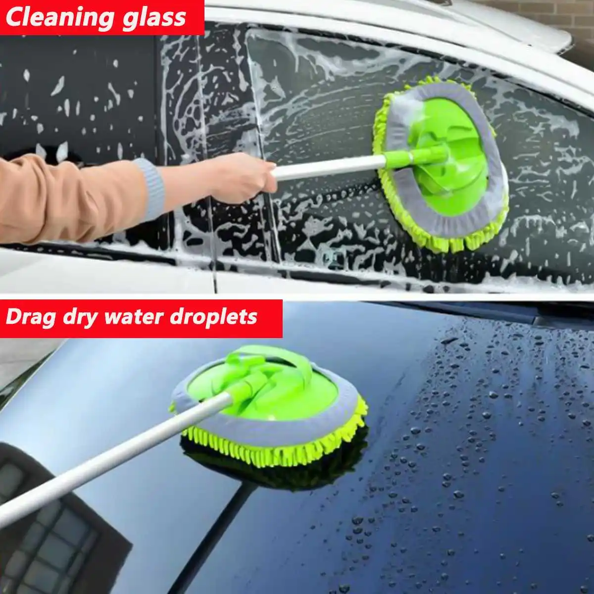 

New 2 in 1 Upgrade Three section telescopic Car Home washing Brush Cleaning Mop Mitt Kit Window Wash Tool Dust Wax Mop