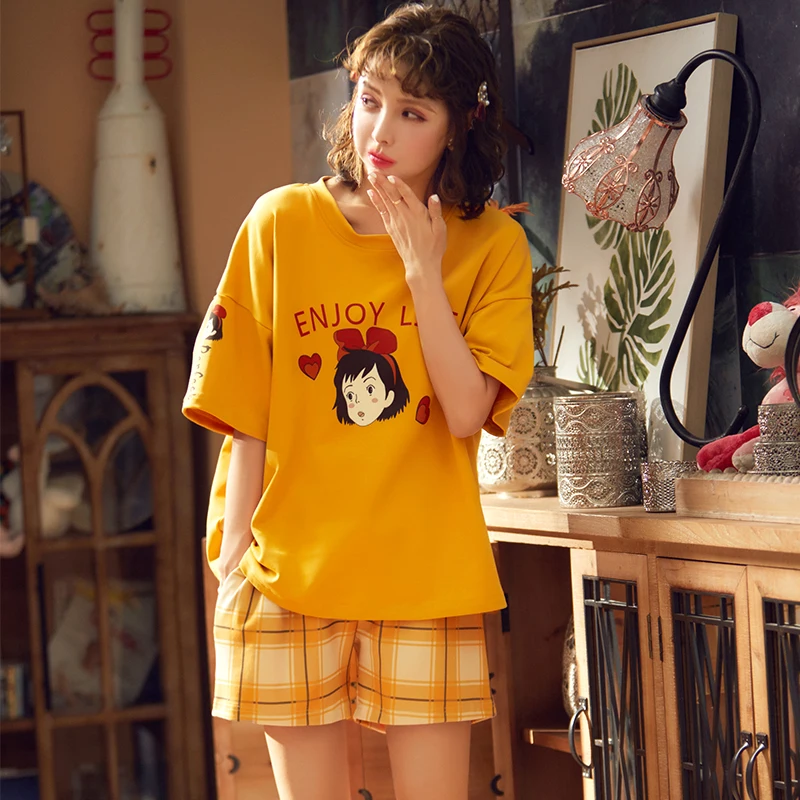 Летний хлопковый свободный комплект с коротким рукавом и мультяшным принтом