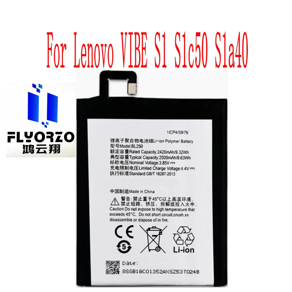 

High Quality 2500mAh BL250 Battery For Lenovo VIBE S1 S1c50 S1a40 Mobile Phone