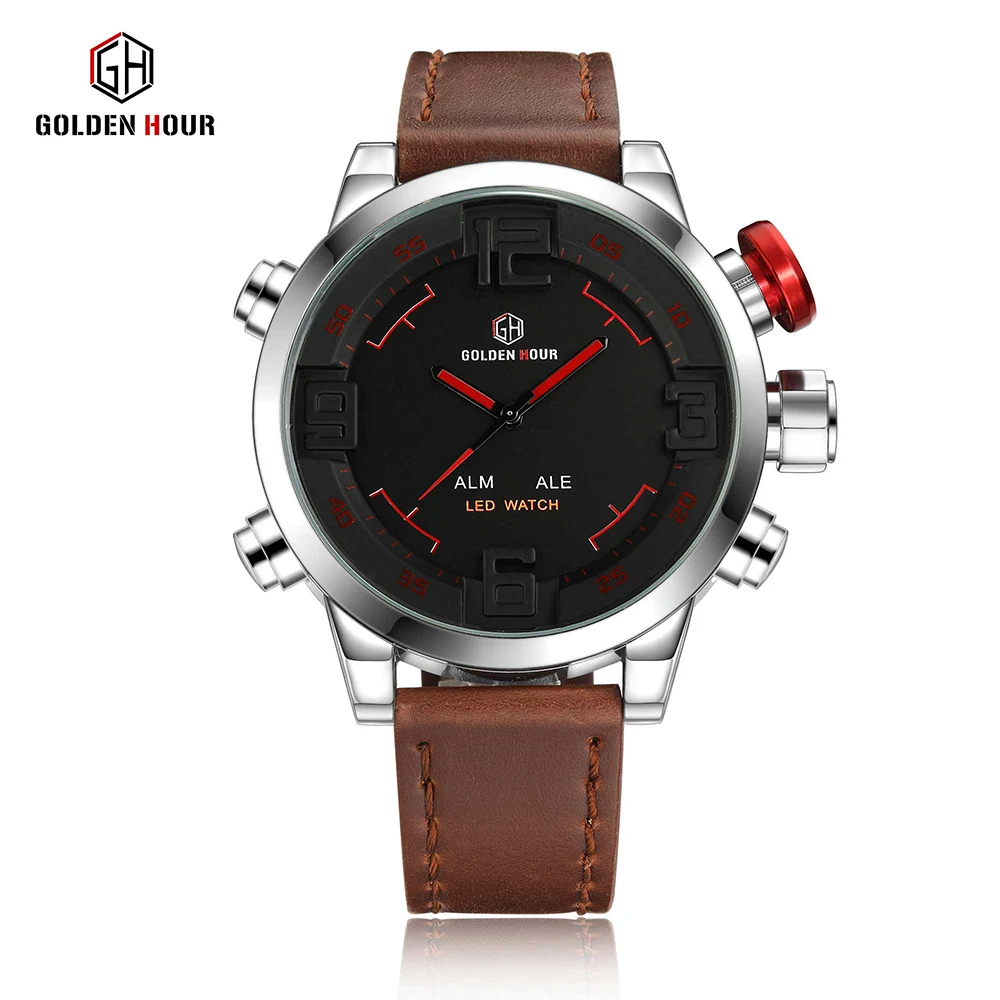 Часы GOLDENHOUR мужские Роскошные аналоговые цифровые LED Montre Homme уникальные