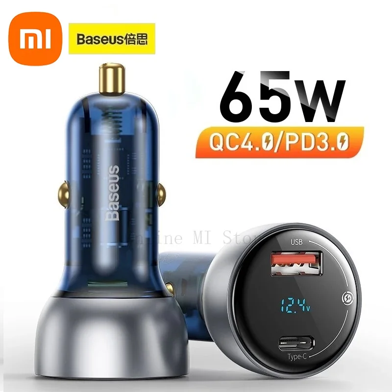 

Xiaomi Baseus 65W Dual USB Quick Car Charger QC4.0 QC3.0 Type C PD LED Display Fast Charging For iPhone Xiaomi Mobile Phone
