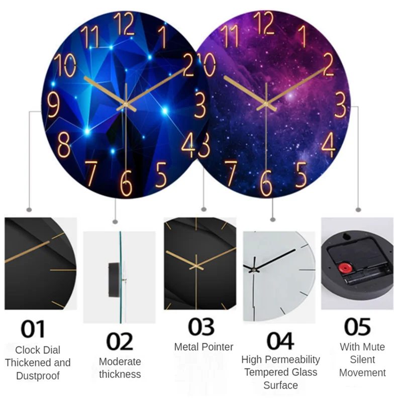

Glass Living Room Wall Clock Fashion Quartz Clock 12 Inch Modern Minimalist Mute Clock Home Living Room Starry Sky Marble