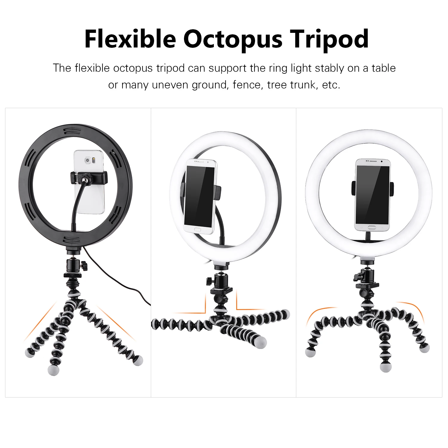 

10 Inch/26cm Ring Video LED Selfie Light Kit 3300K-5500K Dimmable+Octopus Tripod+Mini Ball Head+ Phone Holder Photography