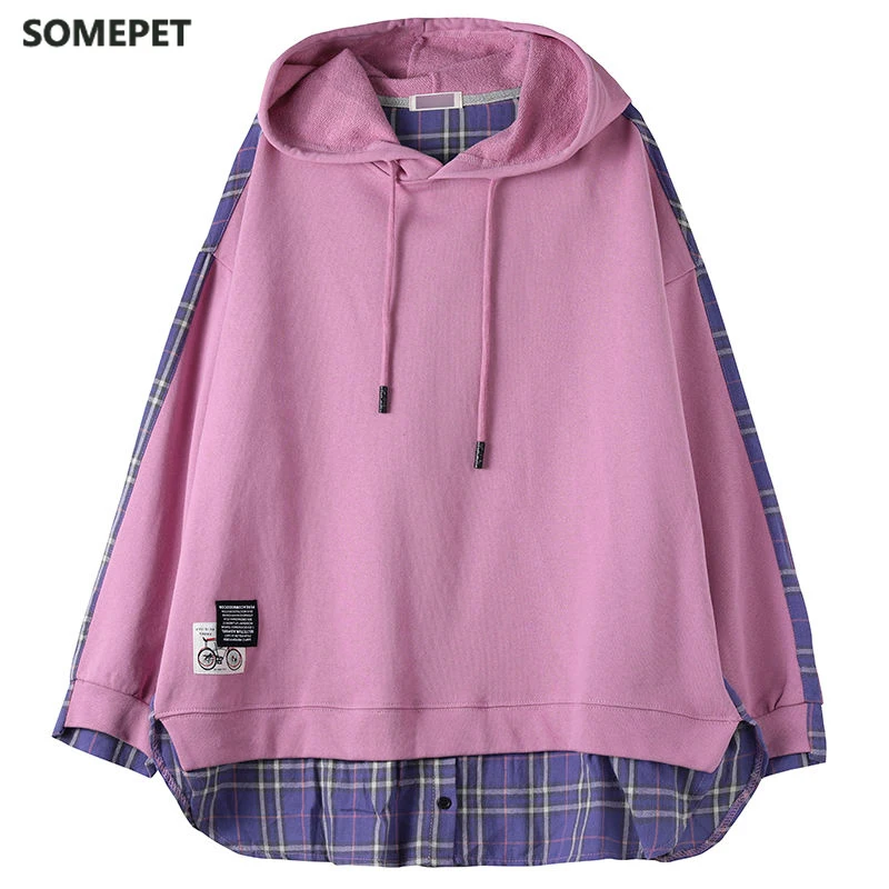 

Spring Korea Fashion Patchwork Plaid Casual Women Hoodies Long Sleeve Loose Hoody Tops Ladies Hoodie Clothing Plus Size