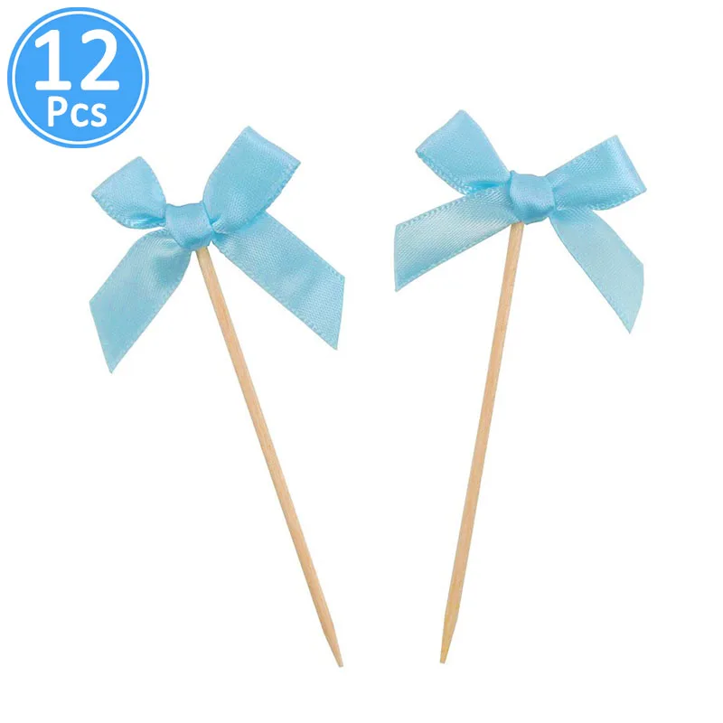 12pcs blue bow Украшения для детского душа бумага со слоном Торт Топперы его девочка мальчик Babyshower вечерние принадлежности пол раскрыть розовый синий - Цвет: 12pcs blue bow