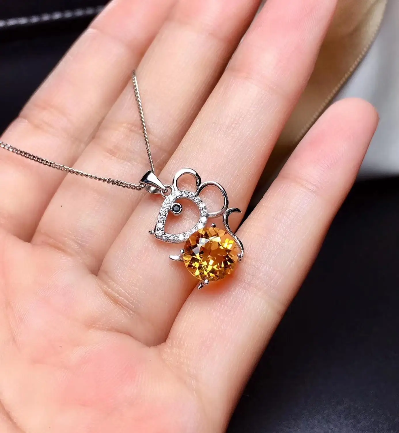 

mouse classic yellow citrine red garnet pendant women silver necklace mouse style lovely birthday party New Year gift animal