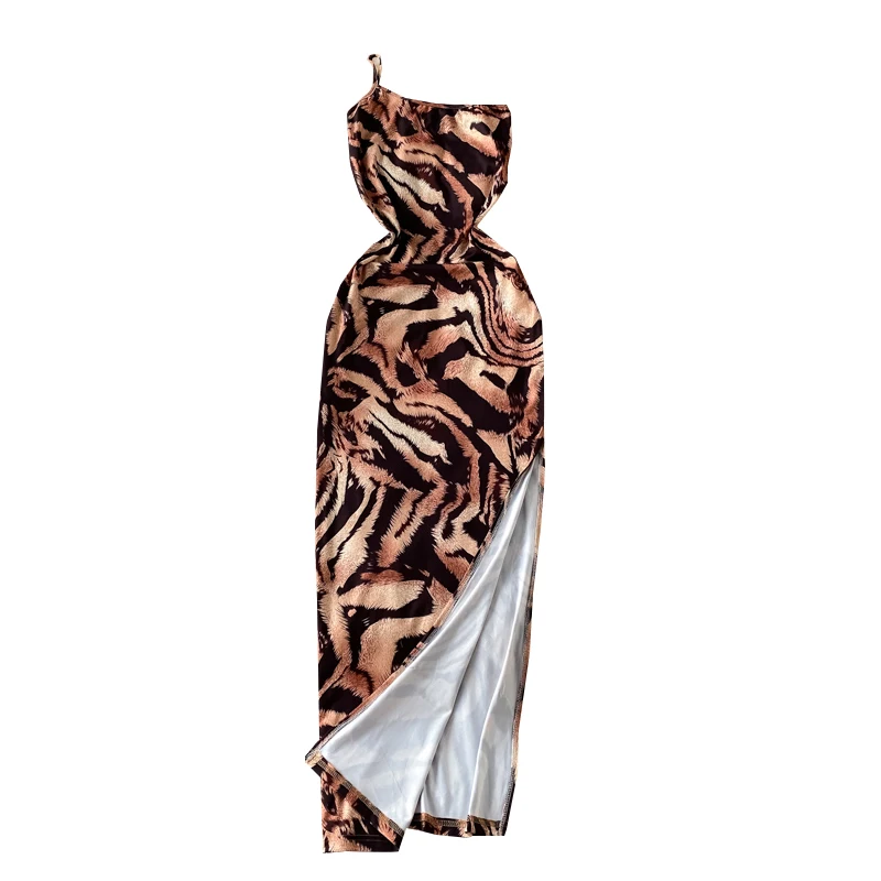 

and American holiday style one shoulder slant collar slim suspender long tiger print high waist split dress