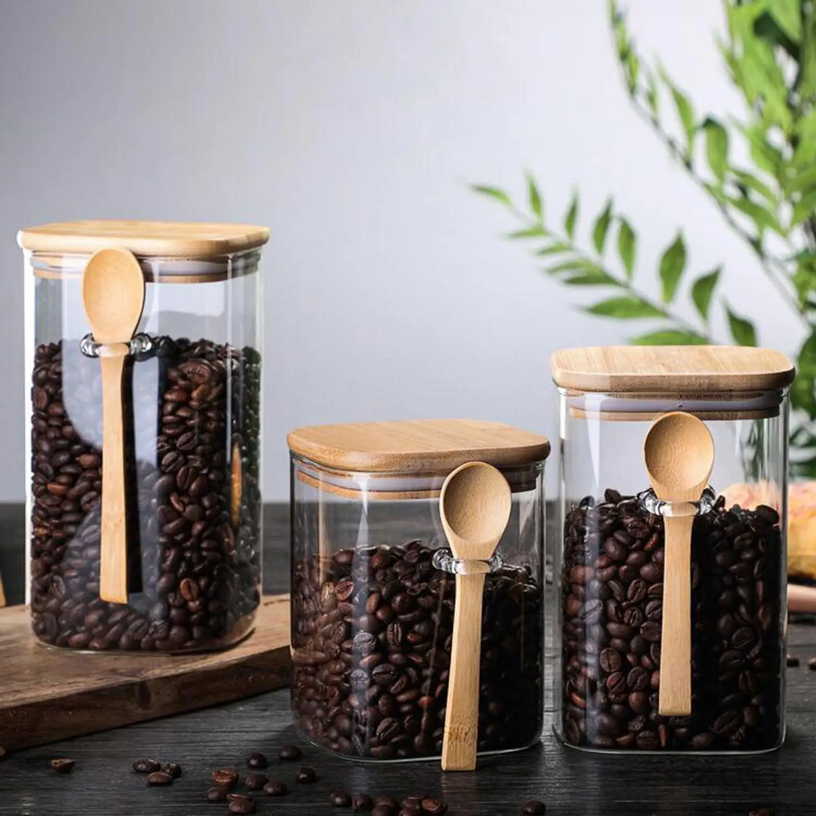 

Glass Canister Sugar Jar with Bamboo Lid & Spoon Airtight Spice Jar Clear Coffee Bean Reusable Kitchen Food Storage Containers