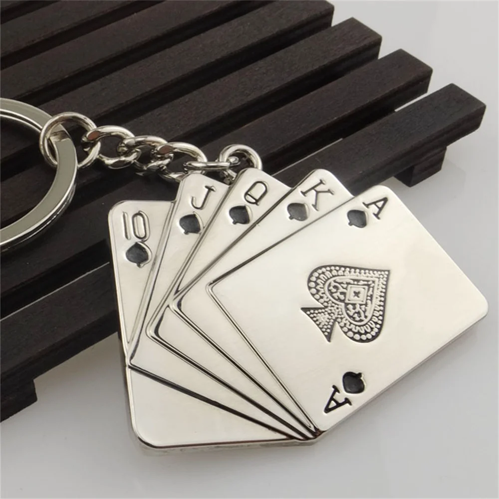 

Fashion Keychains For Men Car Bag KeyRing Stainless Steel Jewelry Straight flush Texas Hold'em Poker Playing Cards Gift