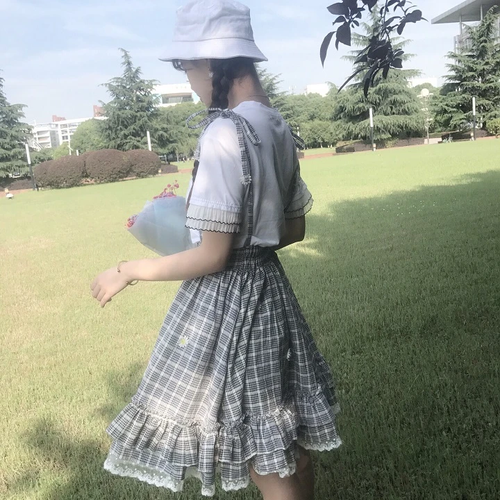 Kawaii Лолита юбка японский стиль 90 подростков мягкая Сестра Дейзи аппликации кружева лоскутное рюшами Сарафан в клетку юбки