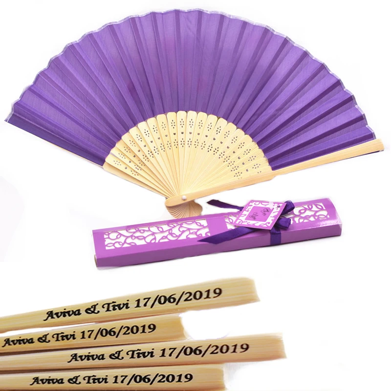 

100pcs/lot Custom Folding Fan Personalized Bride & Groom's Name & Date Silk Wedding Hand Fan with Gift Box in 13 colors