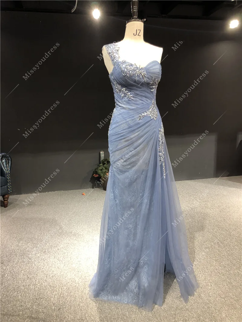 2021 Real Sample Luxurious Blue Pleat Beads Sleeveless Side Split Floor Length Formal Prom Party Dancing Bridal Evening Dress
