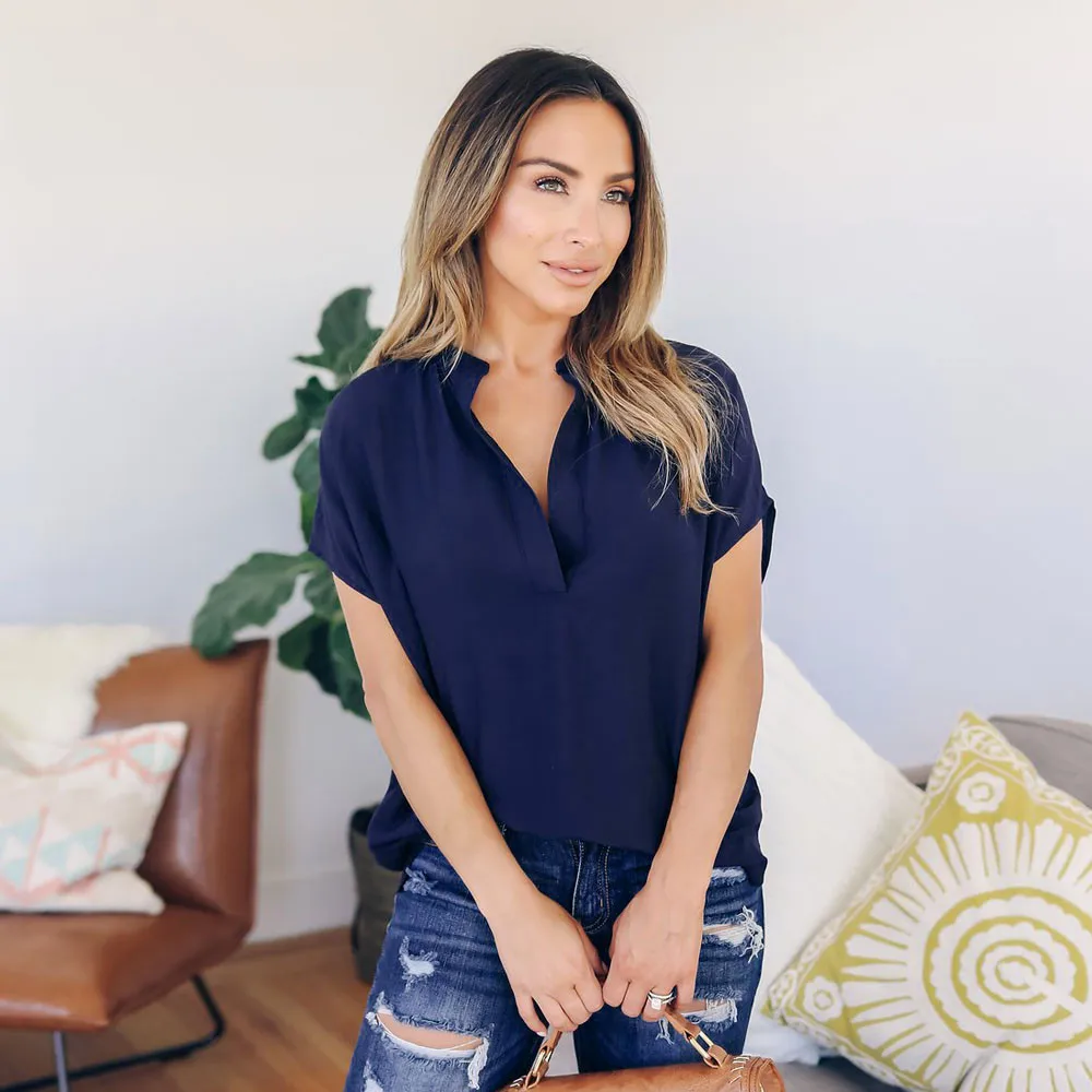 

Женские шифоновые блузки 2021, модная рубашка с V-образным вырезом, женская летняя блузка, шифоновые топы с коротким рукавом, повседневные топы