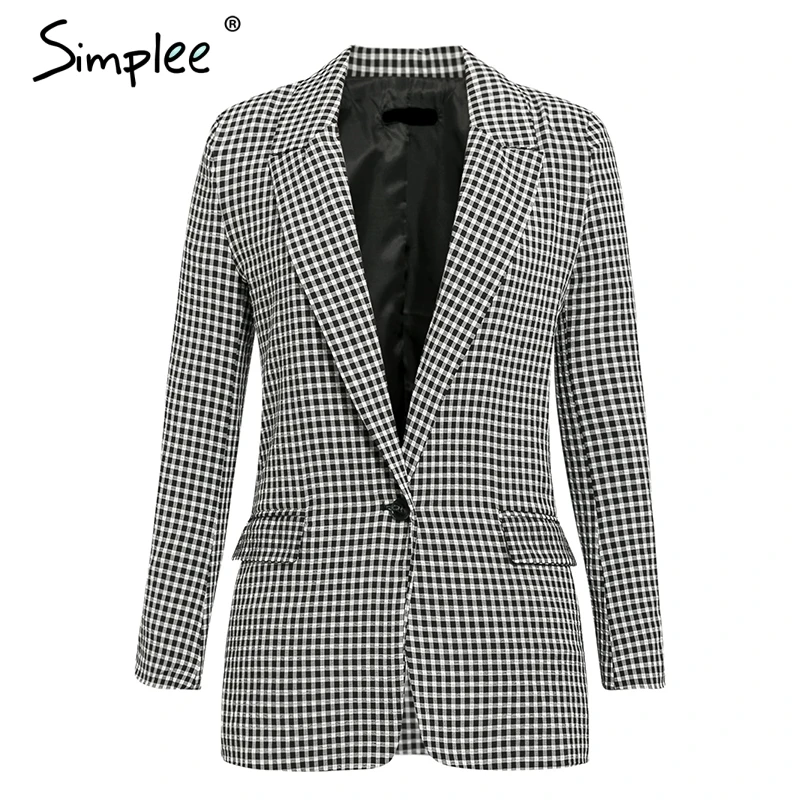 Simplee pink plaid women blazer pockets single button Long sleeve female casual coats Office ladies outerwear chic tops | Женская одежда