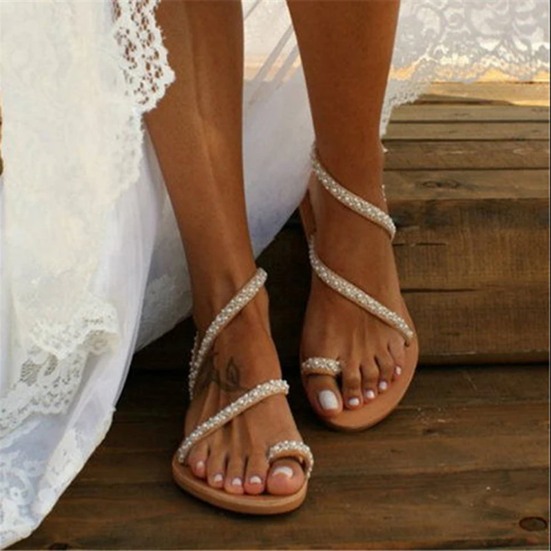 

Summer Beach Flat Sandals Sweet Boho Pearl Decoration Outdoor Sandals Women Beach Sand Holiday Shoes Leather Flats Slippers
