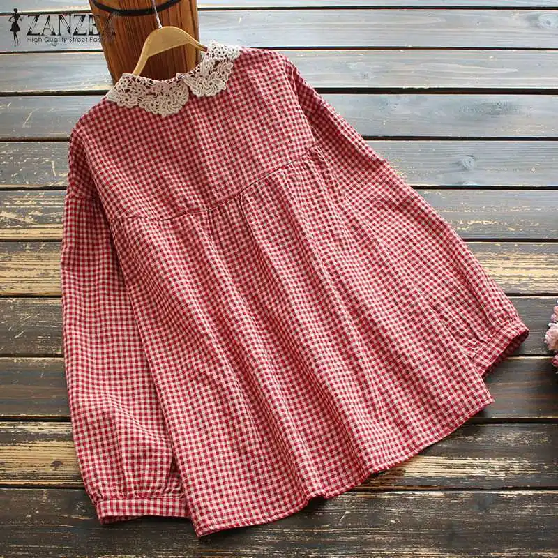 Винтажная блузка ZANZEA Женская в стиле оверсайз клетчатая рубашка с длинным