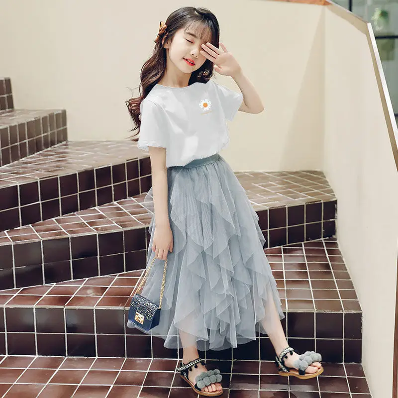 

Teenage Girls Clothing Set Short Sleeve Casual T-Shirts + Mesh Skirt Girls Fashion Outfits 2020 Summer Kids Clothes Outfits W99