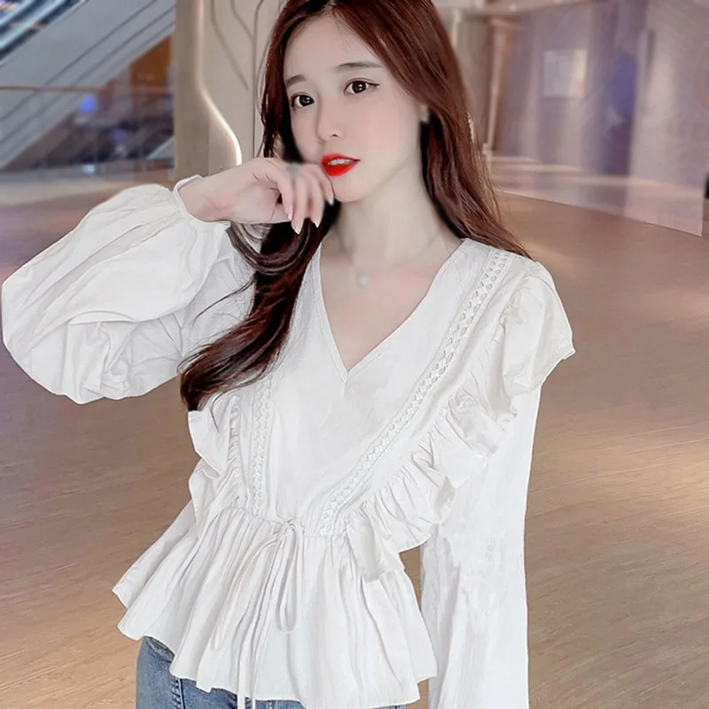 

Women Lace-up Waist Slimming Ruffled Lantern Sleeve Shirt Sweet Chiffon Blouse Lady Solid Color Tops