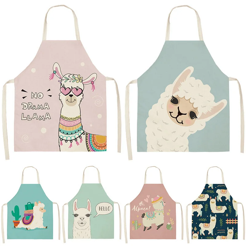 

Alpaca Llama Cactus Printed Cotton Linen Sleeveless Aprons Kitchen Women Pinafore Home Cooking Baking Waist Bib Tablier Cuisine