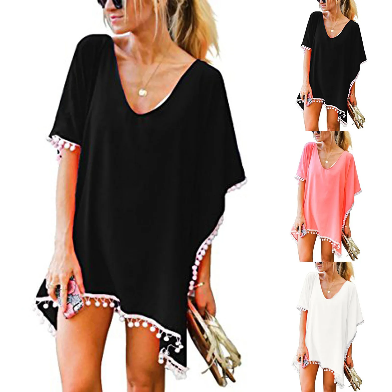 

2022 Chiffon Tassels Beach Wear Women Swimsuit Cover Up Swimwear Bathing Suits Summer Mini Dress Loose Solid Pareo Cover Ups new