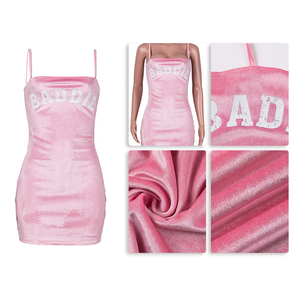 

Echoine Spaghetti Strap Velvet Letter Print Mini Dress Black Skinny Fleece Bodycon Sexy Dresses Ladies Party Club Outfits New