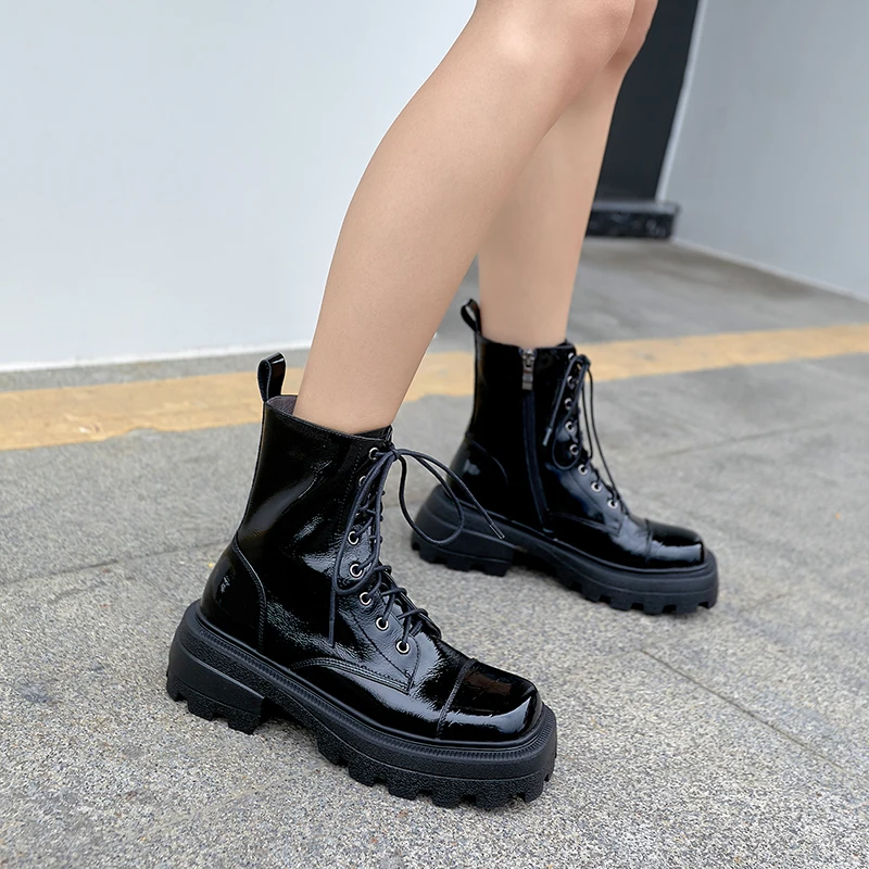 

Elegant Platform Genuine Leather Female Boots Leather Side Zipper Retro Chunky Heels Pumps Party Casual Shoes Woman