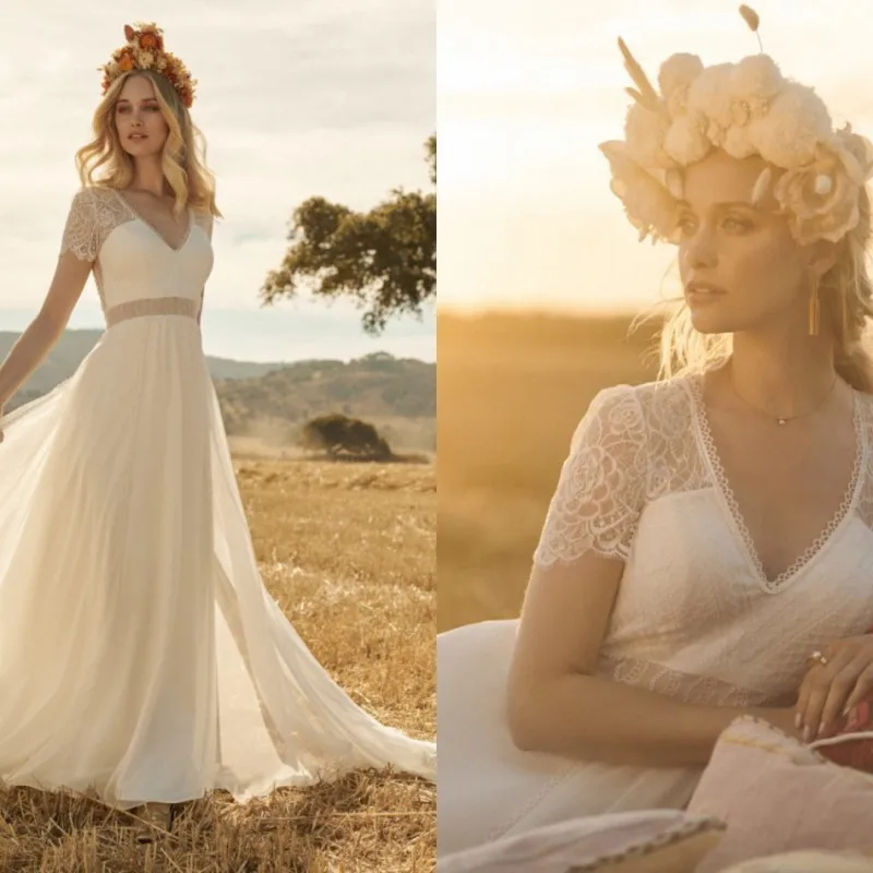 

2020 Bohemian Wedding Dresses V Neck A Line Lace Appliqued Boho Wedding Dress Capped Sleeves Plus Size Bridal Gowns