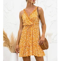 women summer mini dress ruffles spaghetti strap v neck drawstring floral print beach boho casual dresses holiday sleeveless 2021