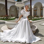 Белое Атласное Свадебное платье с короткими рукавами-фонариками и открытой спиной, Новое поступление лета 2022, свадебные платья для пляжа и сада на открытом воздухе