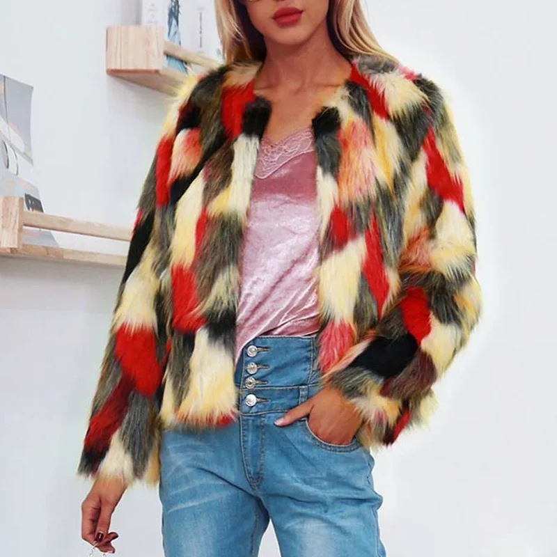 Style 7 Пушистое меховое пальто для женщин, зимняя утепленная куртка с длинным рукавом и круглым вырезом, тонкая верхняя одежда контрастных цветов, парки размера плюс, 3X - Цвет: Style 7