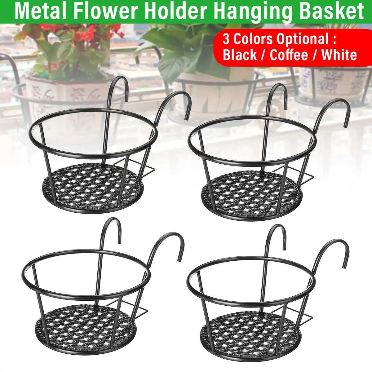 

4pcs Round Flower Pot Basket Hanging Garden Supplies Outdoor Hanging Basket Plant Iron Racks Iron Railing Fence Balcony