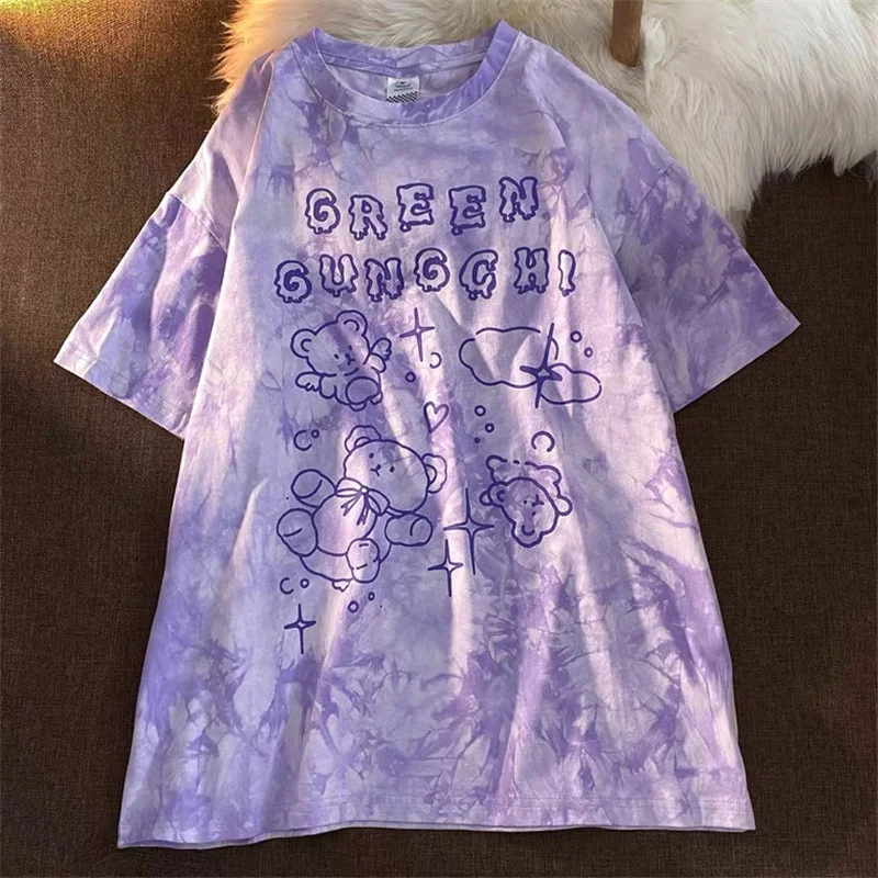 

Chic Short Sleeve Round Neck Letter Cartoon Bear Tie Dye Stylish Loose Tops Casual Oversize T Shirt 2021 Summer