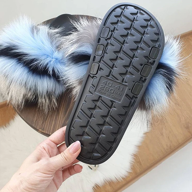 Fur Slippers Female Summer Ladies Flip-Flops Cute Fluffy Plush Home Sandals Wear-Resistant Outdoor Flat-Bottomed Fox Fur Slipper