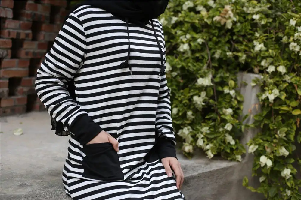 Мусульманское Полосатое Макси-платье с капюшоном Abaya внутренний кардиган