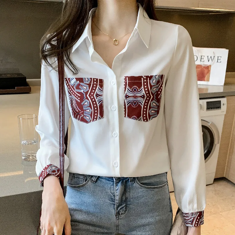 White Blouse V-Neck Lace Shirt Women Clothes Long Sleeve Button Woman Shirts Autumn Womens Tops Korean Harajuku Chemisier Femme