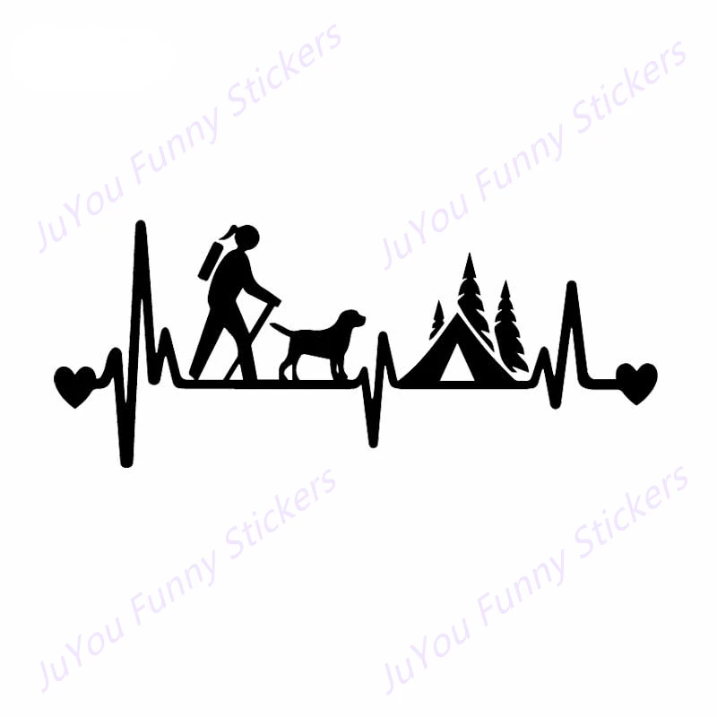 

JuYou Funny Stickers Exterior Accessories Girl Hiker Camping with Dog Camper Tent Heartbeat Lifeline Car Sticker Decal