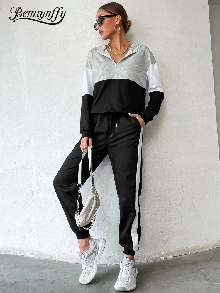 

Benuynffy Casual Spring Fall Two Piece Set Tracksuit Women Color Block Zip Front Hoodies and Drawstring Sweatpants Sports Sets