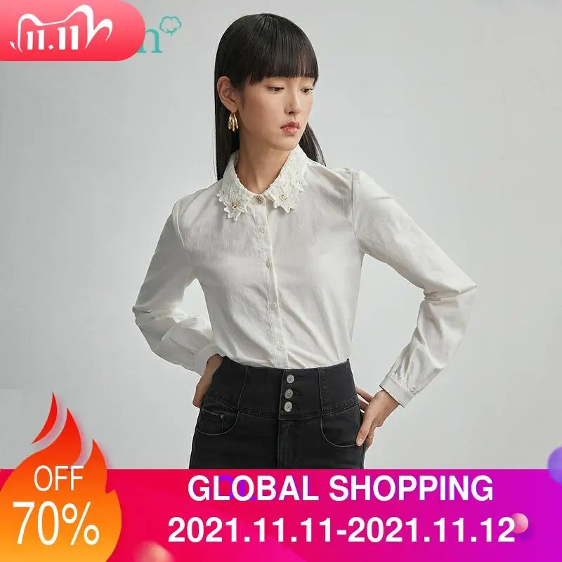 

INMAN Spring Autumn Women's Top Elegant White Chic Hollow Embroidered Lapel Design Long Sleeve Minimalist Blouse