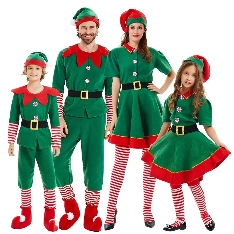 

4PCS Christmas Family Matching Outfits Cosplay Clothes Set Mother Daughter Dresses Father Son Tops+Pants and Hat+Socks+Waistband